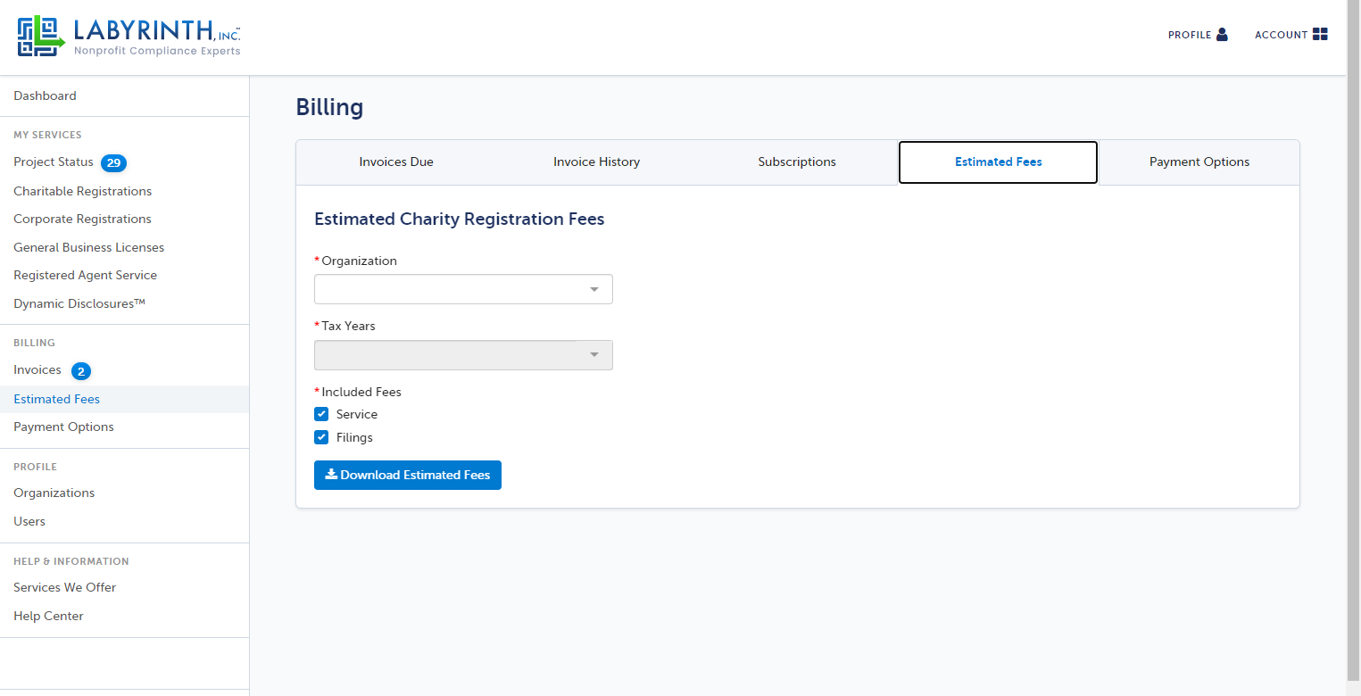 Click on Estimated Charity Registration Fees…