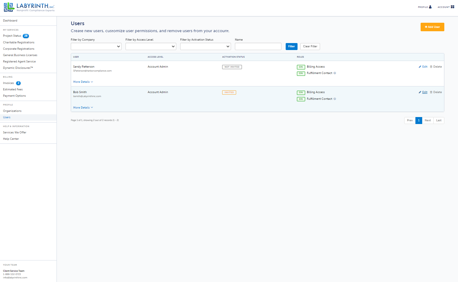 In the Users module, click the Edit button to the right of the user.